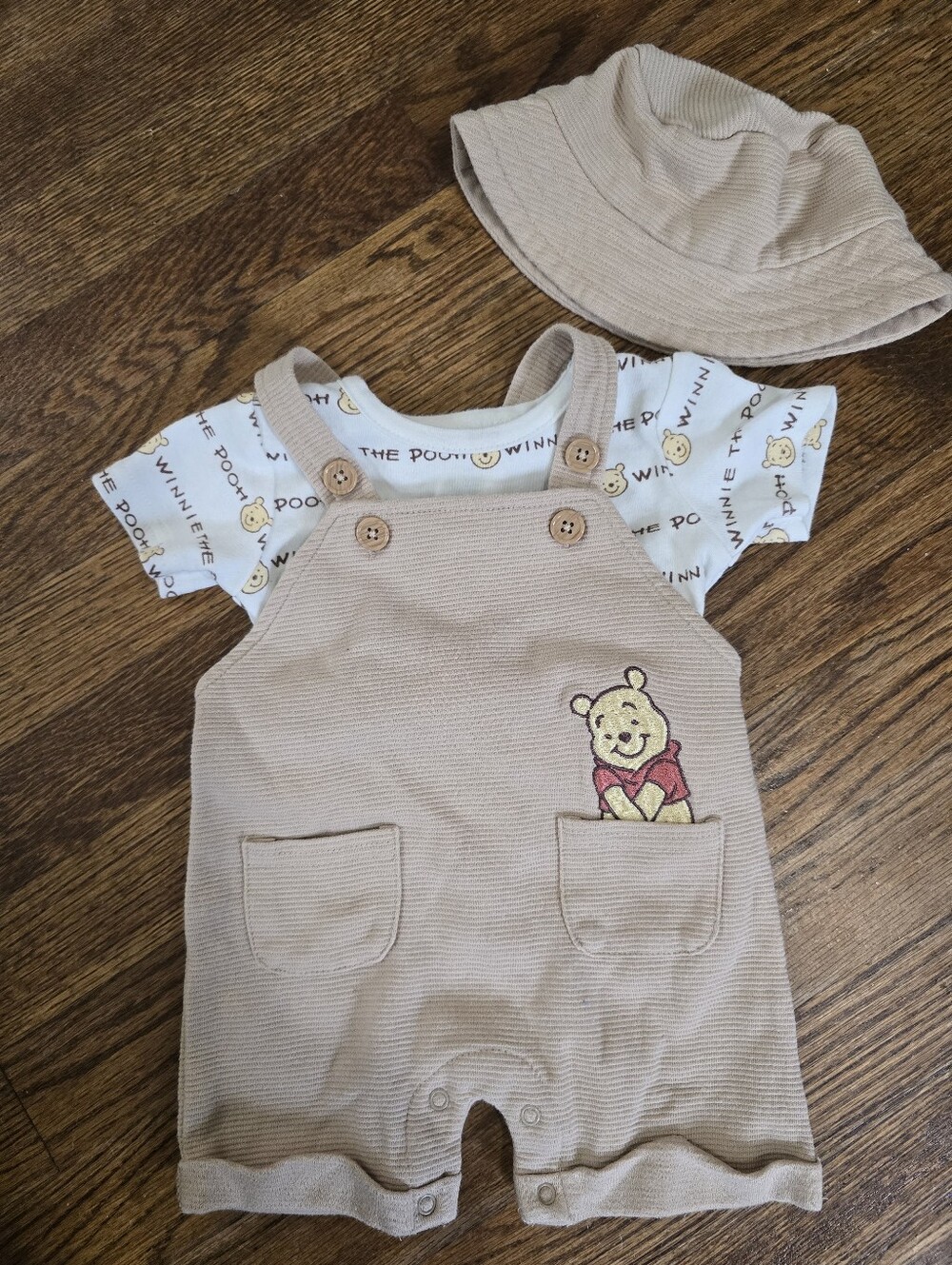 Disney Beige Winnie the Pooh Overalls Set with Hat